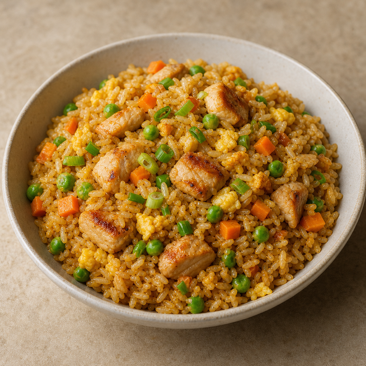 Chicken fried rice in a ceramic bowl